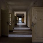 開いた扉が並ぶ長い廊下。 An endless corridor with open doors, symbolizing a repeating dream or unresolved inner journey.