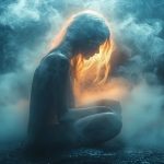 disappointment dream meaning｜光に包まれながらうつむく女性。失望の夢は心の浄化と再出発を象徴する。