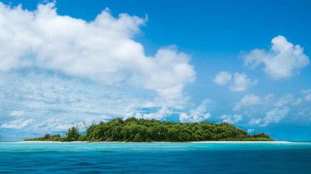 青い海に囲まれた緑豊かな島を空から見た風景