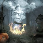 森の中の魔女的な顔と炎A ghostly face emerging from smoke in a dark forest, representing the fear and confusion experienced during night terrors.