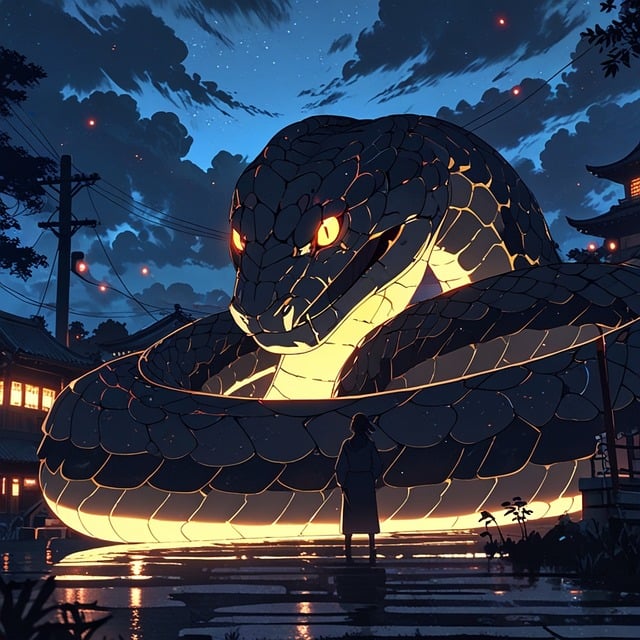 ヤマタノオロチに追いかけられる夢を象徴する巨大な大蛇のイメージ