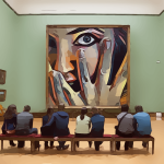 巨大な絵画の中からこちらを見つめる目。その前に座る人々。心の内を覗かれているような、不安や恥ずかしさを象徴する夢のイメージ。 A large painting of an eye staring at the viewers, symbolizing anxiety, vulnerability, and the fear of being exposed in dreams.
