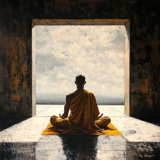 スキンヘッドの修行僧が静かに坐禅する姿｜本質と覚悟を象徴する夢イメージ