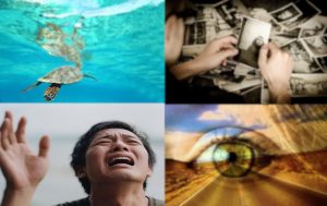 夢の深層を象徴するコラージュ画像 ― 水中の亀、古い写真を眺める手、涙を流す人物、幻想的な目と道。夢の中の記憶と感情、心の旅を表現／Dream collage of unconscious: turtle underwater, nostalgic photos, crying man, surreal eye and road