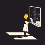 窓辺で静かに佇む女性のイラスト／Woman standing by the window symbolizing reflection and healing after loss