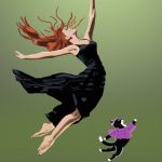 宙に舞う女性と猫のイラスト。夢を通して自由に解放される心や、無意識のエネルギーを象徴している。