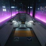 紫色の光に照らされた地下階段。ゲームのステージ移動や人生の選択を象徴する風景