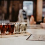 試食会の小さなグラスとメニュー表 tasting event glasses and menu